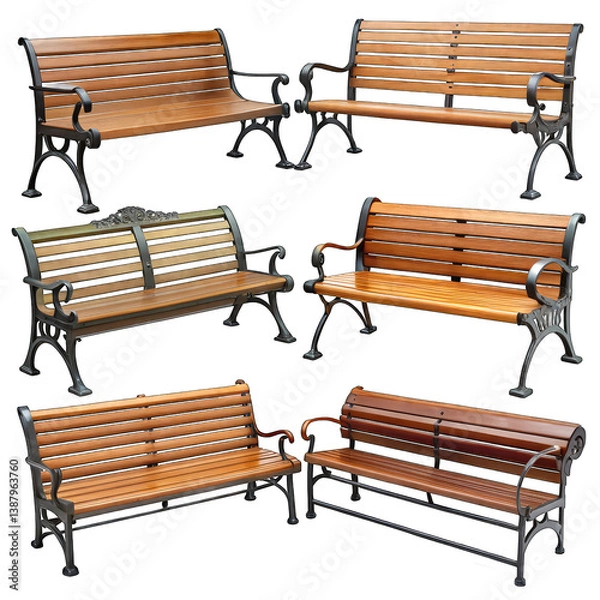 Obraz Wooden Park Benches: 6 Styles for Sale isolated on transparent background