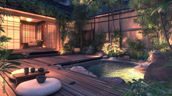 Fototapeta Tropical Zen Courtyard House with Pool and Wooden Deck