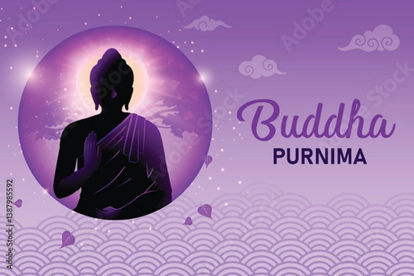 Obraz Buddha's Silhouette Meditating With Peepal Tree Behind On Purple Background. Concept Design Vector Illustration For  Buddha Purnima Festival.