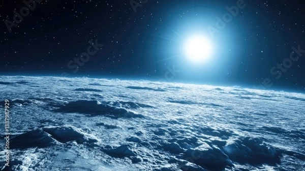 Fototapeta A mesmerizing view of an icy exoplanet bathed in the glow of a distant blue star.