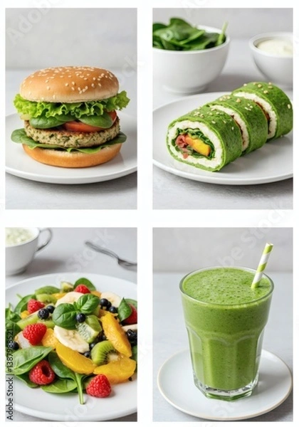 Obraz A healthy food collage featuring a veggie burger, spinach sushi, fruit salad and green smoothie