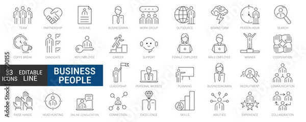 Fototapeta Business people, human resources, office management. Editable thin line web Icon set. outline icon collection. Simple vector illustration.