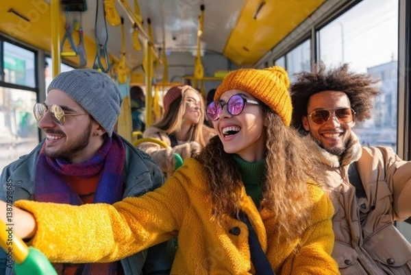 Fototapeta A group of friends on a lively city bus tour, laughter and camaraderie
