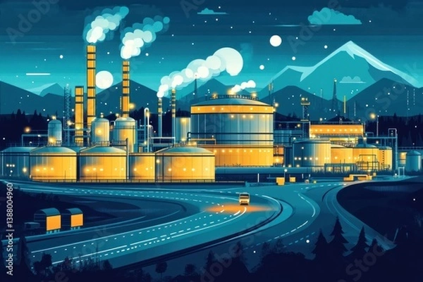 Fototapeta Nighttime industrial complex with highway and mountains