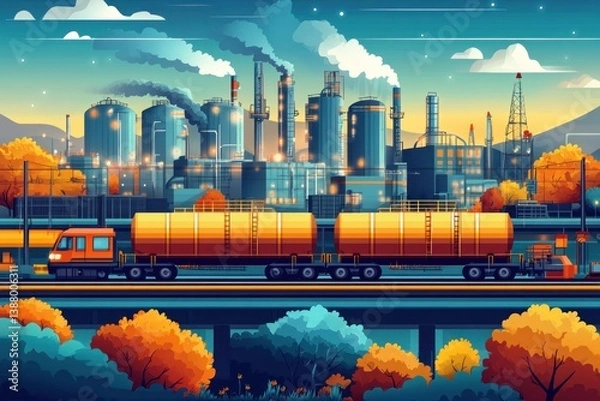 Fototapeta Industrial complex at dawn, tanker trains on railway, autumnal trees beneath highway overpass