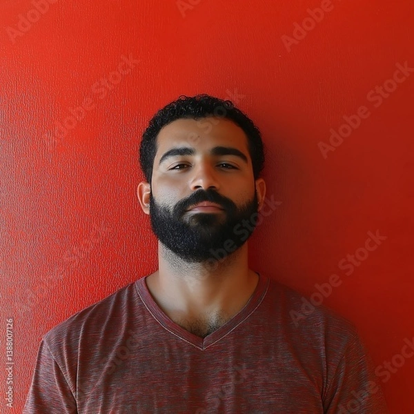 Obraz Confident young man with a beard posing against a vibrant red background