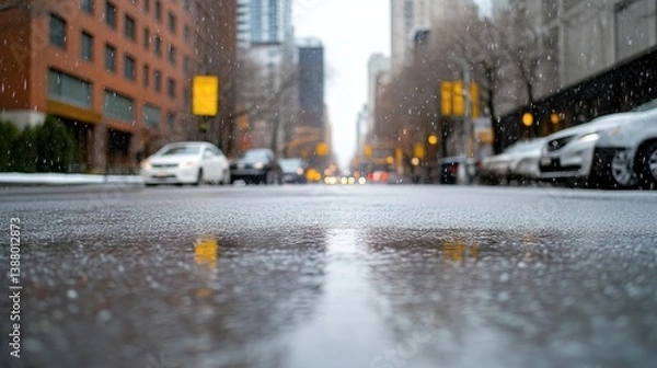 Fototapeta A wet city street reflects blurry city buildings and cars. Snow lightly falls. The foreground focuses on the glistening, wet asphalt. The image features a shallow depth of field and muted colors. I