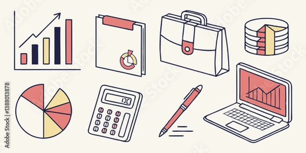 Fototapeta Business Finance Data Icons Outline Style Vector Illustration Charts Laptop Briefcase Calculator Pen Beige Pink Yellow