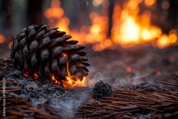 Obraz A pine cone begins to burn on a forest floor, surrounded by ash and rising flames in the background.