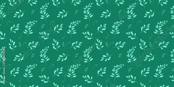 Fototapeta Seamless summer pattern of plants and green branches with leaves. Simple spring design. Vector delicate flat illustration on a dark green background.  for wedding decoration, cards, paper, wrappers