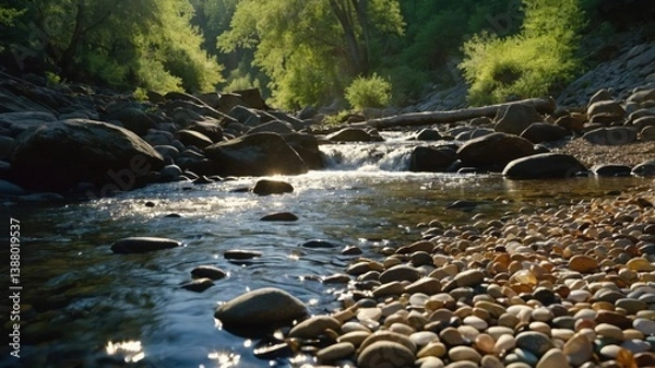 Fototapeta A serene river scene with smooth pebbles and lush greenery under soft sunlight.