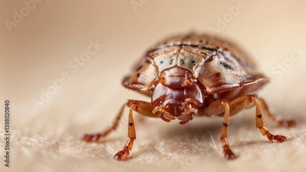 Fototapeta A close-up shot of a bed bug magnified through a handheld magnifying glass placed on a white