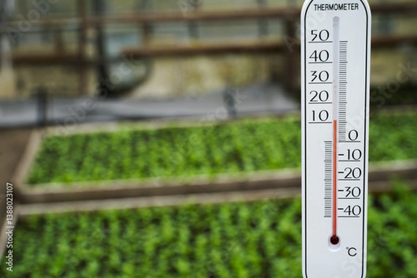 Fototapeta Thermometer in winter in a greenhouse on the background of beds with greenery. Concept of growing organic natural vegetables and greenery.