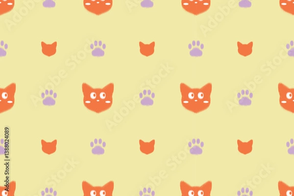 Fototapeta Cute Ikat pattern featuring orange cat faces and purple paw prints on a soft yellow background. Ideal for children's products, textiles, and kawaii-themed designs.
