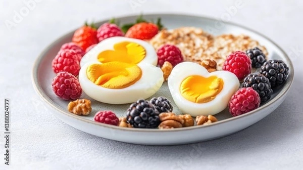 Fototapeta Two heart-shaped soft-boiled eggs are the focus, surrounded by berries, nuts, and crispbread on a light-grey plate. The composition is visually appealing, showcasing a healthy breakfast. High-quali
