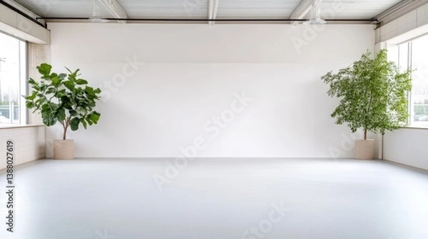 Fototapeta A bright, minimalist room features two potted plants flanking a large white wall. The smooth floor reflects light. The image is clean and well-lit, showcasing a simple, modern aesthetic with neutral