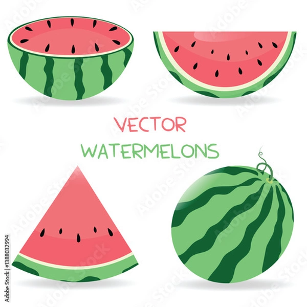 Fototapeta Set of vector watermelons on white background, vector illustration. Fruit vector set. Flat style. Summer.