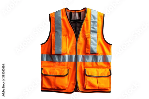 Fototapeta High-visibility orange safety vest with reflective stripes on transparent background
