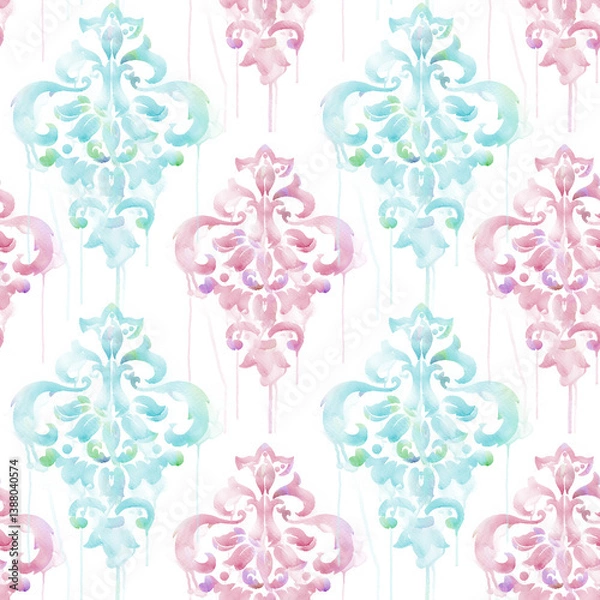 Fototapeta Seamless pattern design featuring hand-painted watercolor damask in soft vintage tones, ideal for elegant wallpaper, fabric, and bedding collections
