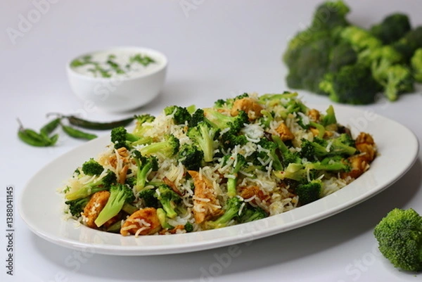 Obraz Broccoli Chicken Rice with Raita. A nutritious meal