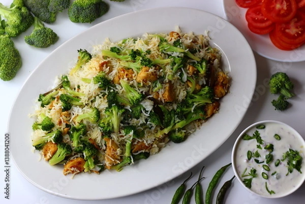 Obraz Broccoli Chicken Rice with Raita. A nutritious meal