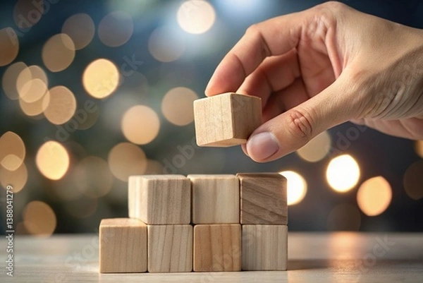 Obraz Building a future, one step at a time: A hand carefully placing a wooden block atop a growing structure against a warm, bokeh-lit backdrop.