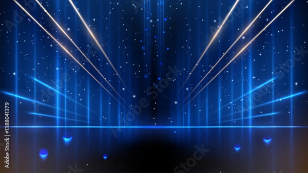 Fototapeta Empty black stage on dark background with light blue neon effect and bokeh decoration. Luxury stage design concept. Vector illustration.