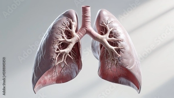 Fototapeta Human lungs showing bronchial tree and trachea on plain background