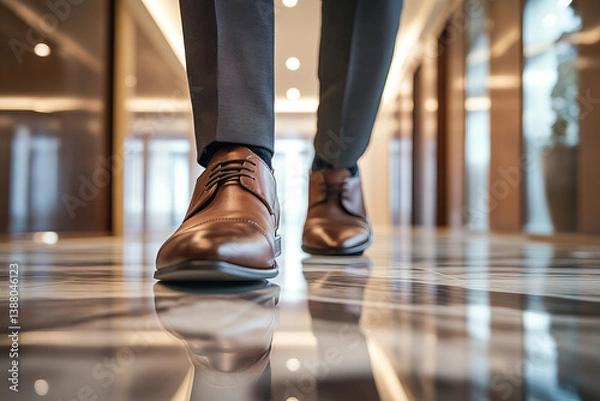 Obraz A low-angle view of a man in formal attire walking confidently down a modern office hallway, showcasing polished brown dress shoes and sleek trousers reflecting off the shiny marble floor.