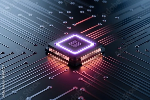 Fototapeta Futuristic quantum computer chip power machine digital cybernetic neon