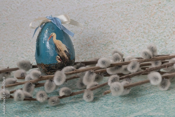 Obraz A bouquet of catkins and a decorative Easter egg with a stork motif 