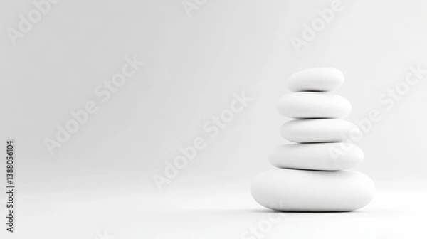 Fototapeta Five smooth, white stones are stacked in a precarious balance. The minimalist composition is set against a bright white background. The image is digitally rendered, exhibiting high quality and even l