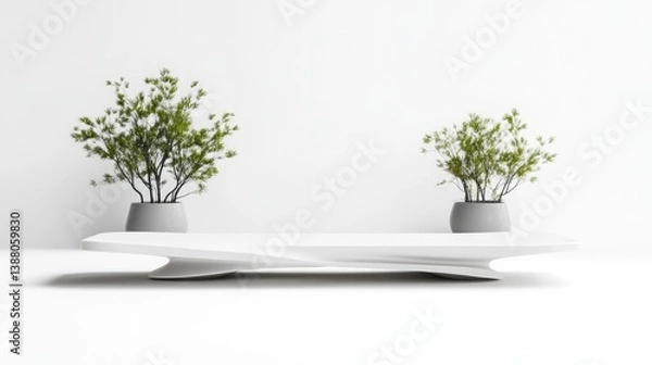 Fototapeta A sleek, white, wave-shaped bench is the focal point, flanked by two small potted plants. The minimalist composition features a clean white background. High-quality rendering showcases a smooth text