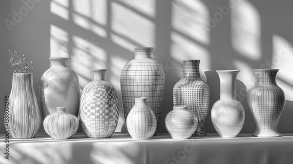 Fototapeta Elegant collection of ceramic vases showcasing artistic designs in soft sunlight
