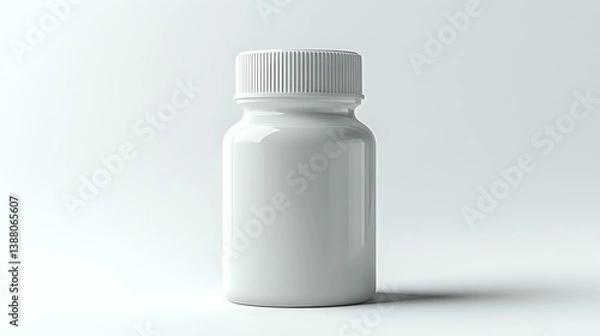 Fototapeta White medicine bottle with cap on light background, pharmaceutical container mockup for pills, supplements or vitamins. Clean minimal design on isolated surface.