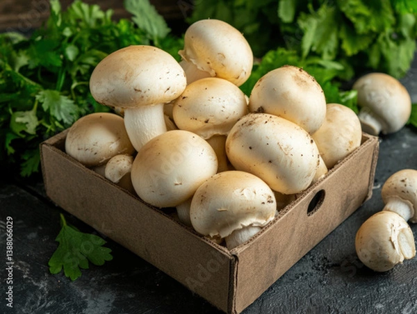 Obraz A pile of fresh white mushrooms, arranged in an endless pattern. The mushrooms have smooth skin and are neatly arranged on top of each other.