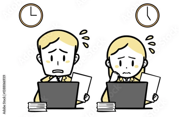 Fototapeta 焦りながらパソコン作業をする、スーツを着た若い男女