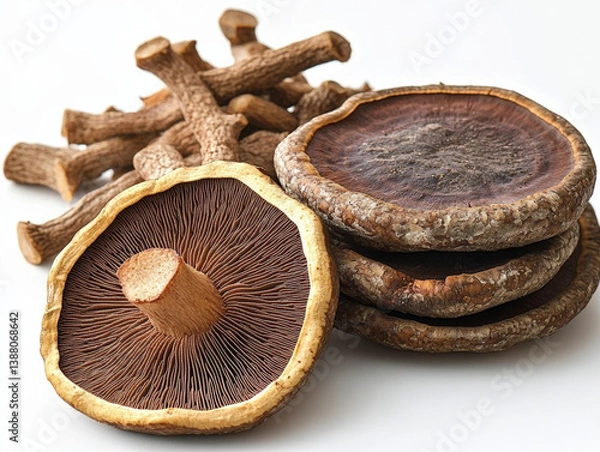 Obraz Reishi, Shitake Ashwagandha white background, clear space for text