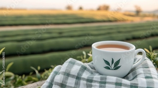 Fototapeta A serene cup of tea rests on a checkered cloth, overlooking lush green fields, creating a peaceful and inviting atmosphere.