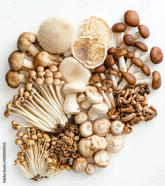 Obraz various types of shiitake, lion's mane, and reishi mushrooms on a white background, isolated