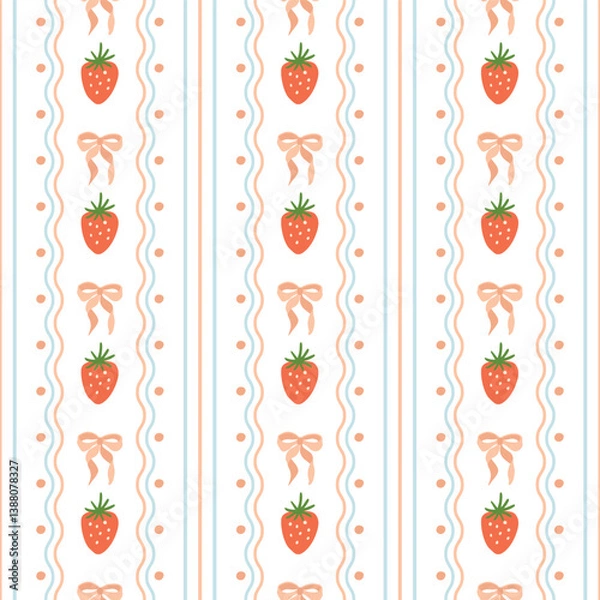 Fototapeta Coquette strawberry bow summer seamless pattern. Vector preppy wallpaper with hand drawn ribbons and bow knots. Vertical striped print. Pastel grandmillennial romantic background, textile design