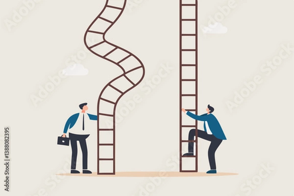 Fototapeta Career ladder challenge, difficulty step growth, different job opportunity or ambition, climbing ladder with obstacle concept, businessmen about to climb up easy and difficult career ladder.
