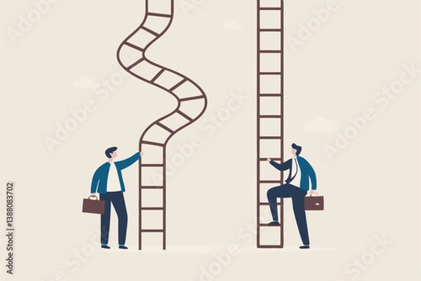 Fototapeta Career ladder challenge, difficulty step growth, different job opportunity or ambition, climbing ladder with obstacle concept, businessmen about to climb up easy and difficult career ladder.