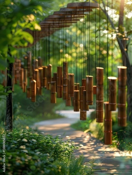 Fototapeta Visitors interact with bamboo chimes while enjoying the serene atmosphere and dappled sunlight in the park