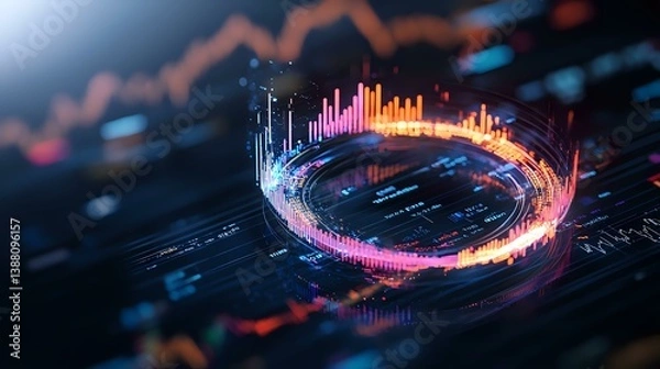 Obraz Futuristic circular financial data visualization with glowing pink and orange graphs, charts and market statistics on dark background with depth of field effect.