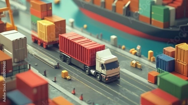 Fototapeta Freight transportation operations in busy port cargo handling scene industrial environment aerial view logistics concept