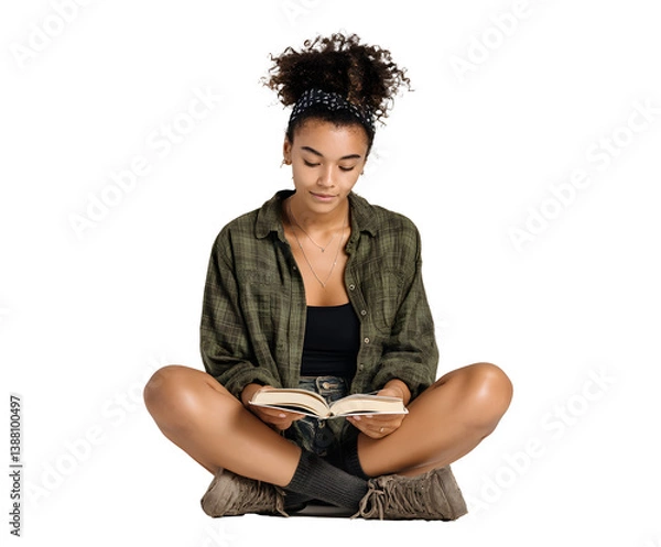 Obraz A girl is seated, legs crossed, intently reading a book. She is wearing a casual outfit. The background is plain black.