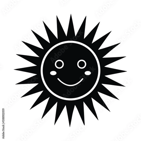 Fototapeta Happy sun with smiling face Isolated Black Vector Silhouette Illustration With White Background