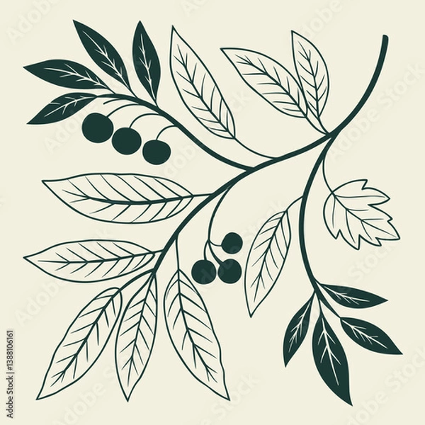 Fototapeta Botanical illustration of leaves and berries in dark green on beige, AI Generation