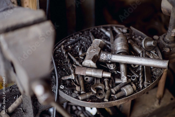Fototapeta The hammer handle is made from leftover car parts.A mechanic's hammer and old car parts are piled up together.